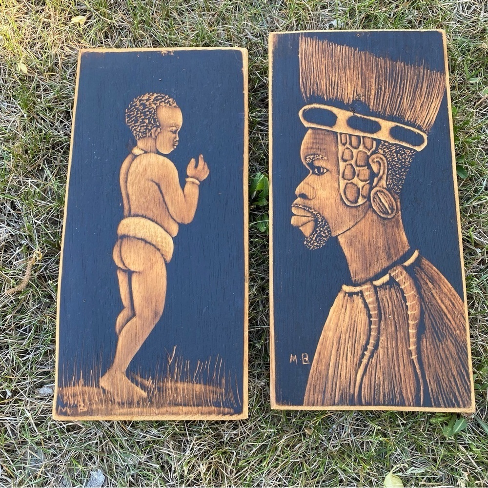 Vintage African charcoal Art wood‎ burning carving wall art